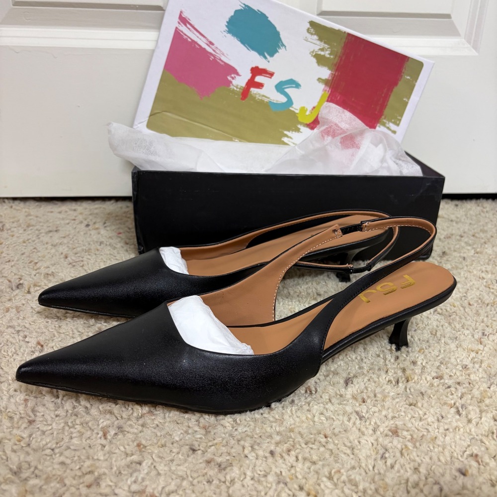 FSJ Black Pointed Toe Slingback Kitten Heels Pumps Size 8 Womens